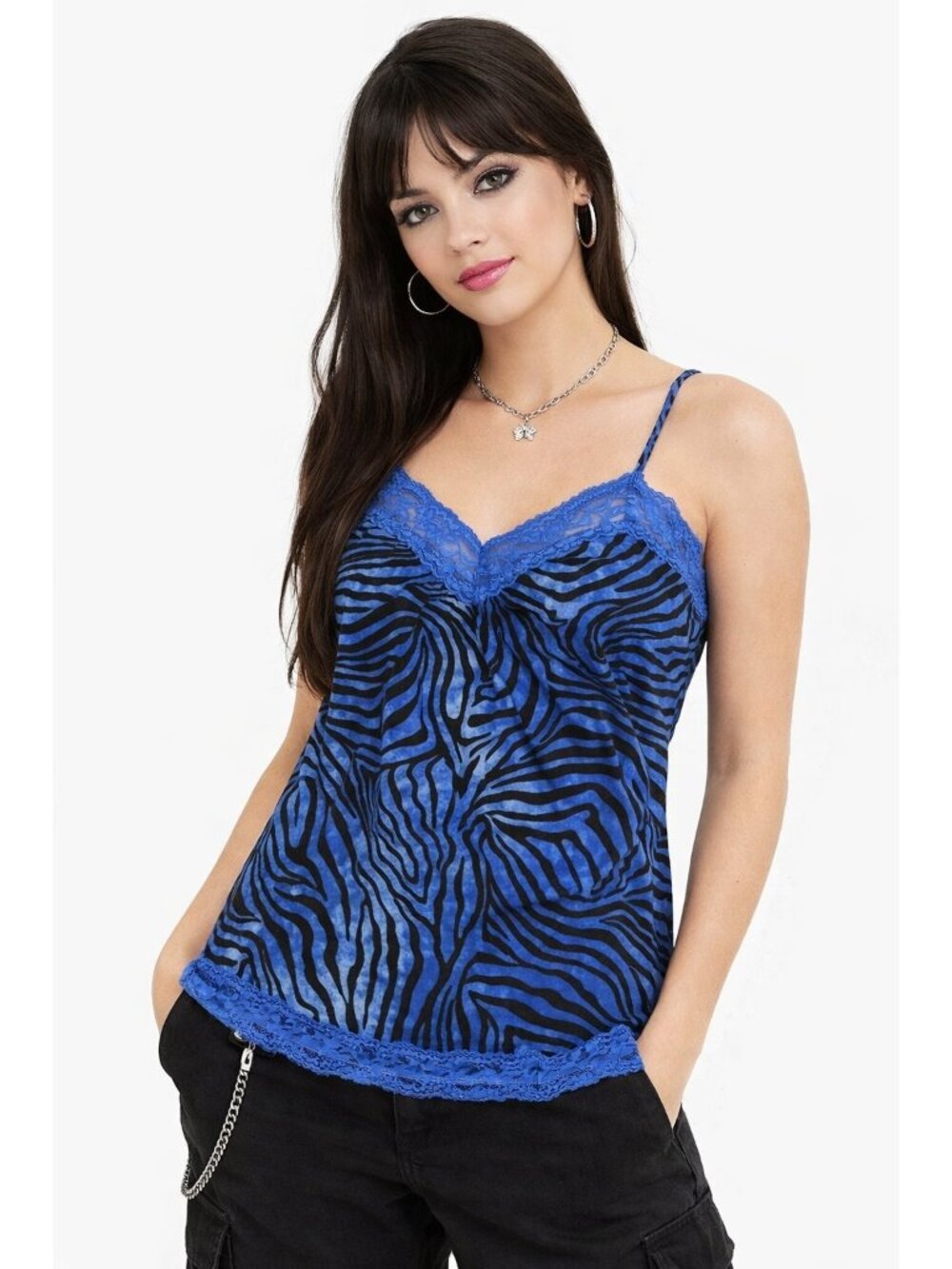 No Boundaries Blue Zebra Print Lace Trim Cami Tank Top Sz XL Y2K Animal Print